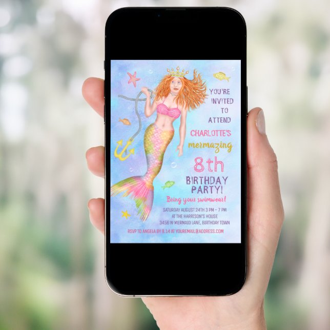 Mermaid Birthday Party Under the Sea Beach Redhead Invitation (Front Digital)