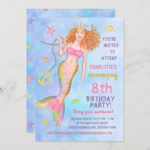 Mermaid Birthday Party Under the Sea Beach Redhead Invitation