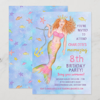 Mermaid Birthday Party Under the Sea Beach Redhead Invitation
