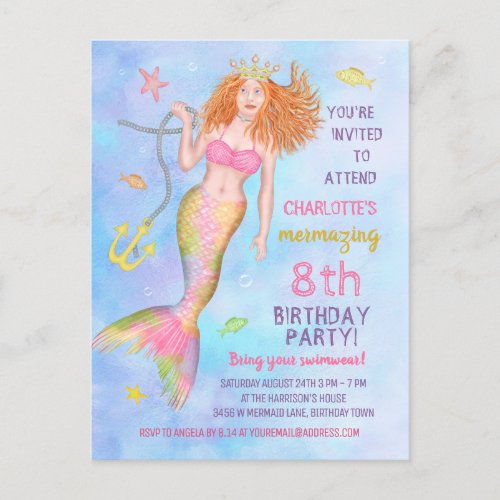 Mermaid Birthday Party Under the Sea Beach Redhead Invitation Postcard
