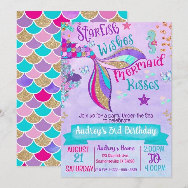 Mermaid Birthday Party Under the Sea Invitation  (Front/Back)