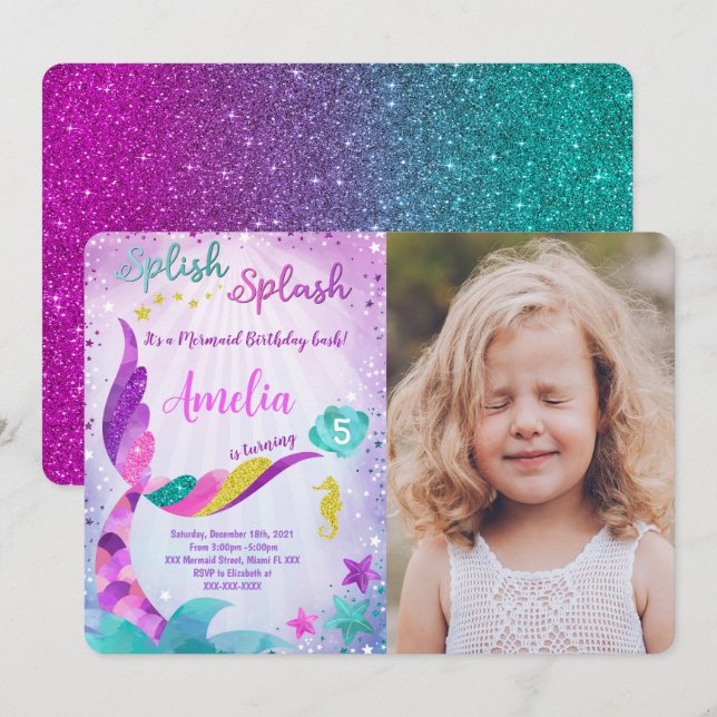 Mermaid Birthday Photo Invitation (Front/Back)