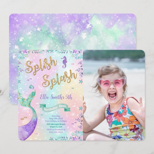Mermaid Birthday Photo Invitation (Front/Back)