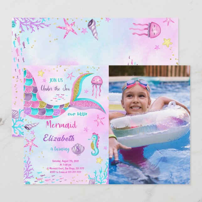Mermaid Birthday Photo Invitation (Front/Back)