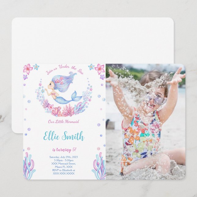 Mermaid Birthday Photo Invitation (Front/Back)