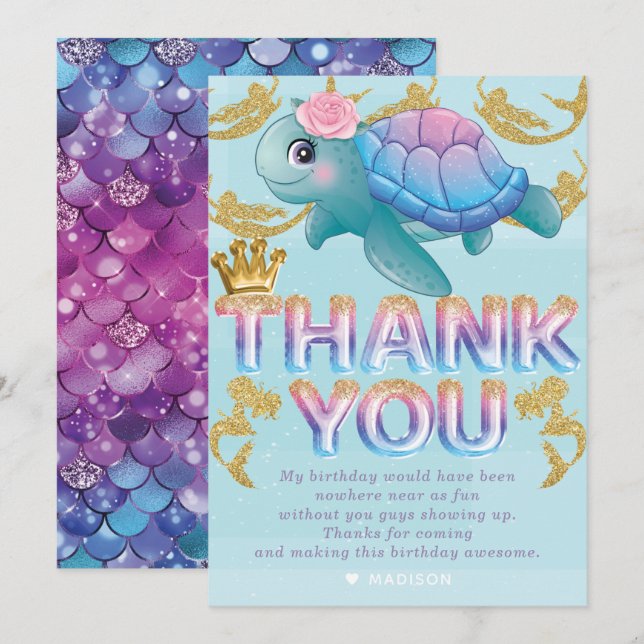 Mermaid Birthday Pink Blue Gold Thank You Card (Front/Back)