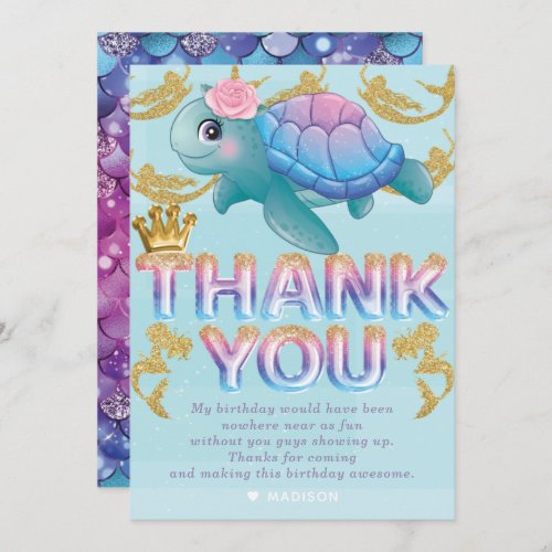 Mermaid Birthday Pink Blue Gold Thank You Card