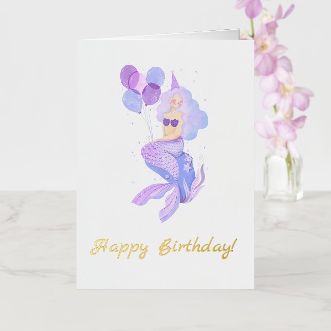 Mermaid Birthday Pink Foil Greeting Card (Orchid)