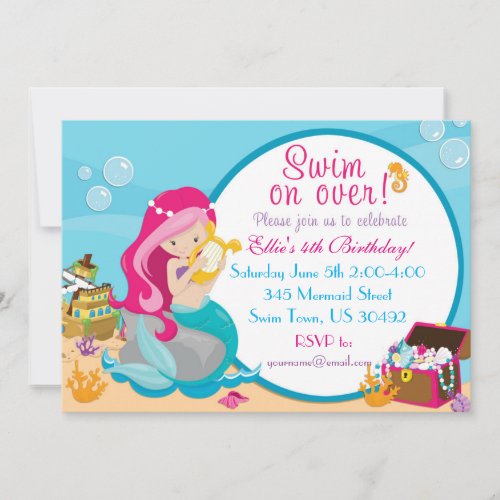 Mermaid Birthday Pool Party Invitation 5 X 7