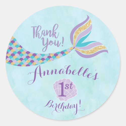 Mermaid Birthday Round Stickers  Party Favor