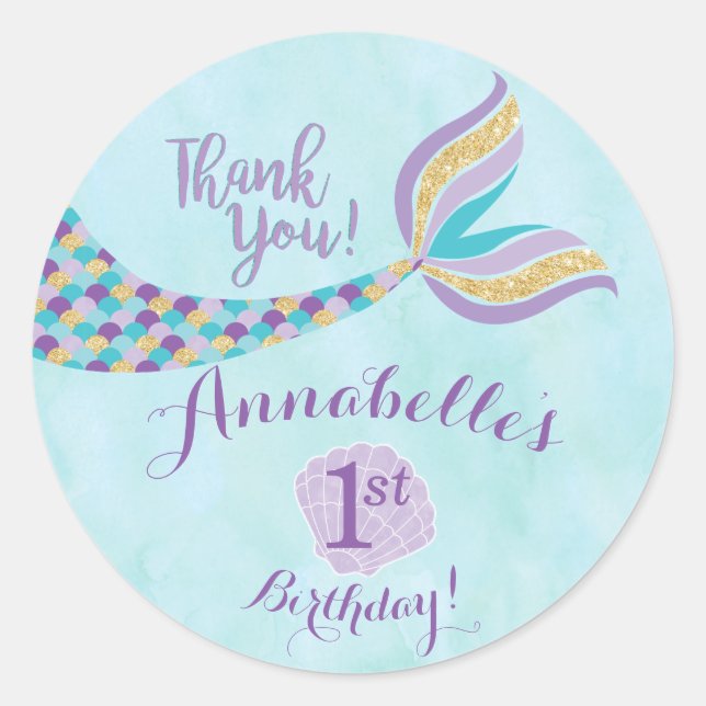 Mermaid Birthday Round Stickers | Party Favor (Front)