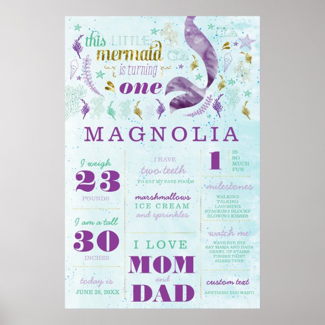 Mermaid Birthday Stats Milestone Poster (Front)