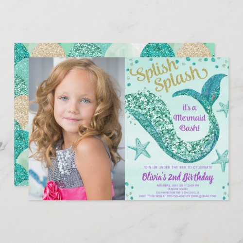 Mermaid birthday teal purple gold glitter photo invitation