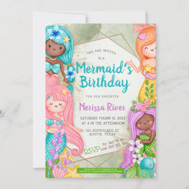 Mermaid Birthday theme Cute Cartoon Mermaids Invitation (Front)