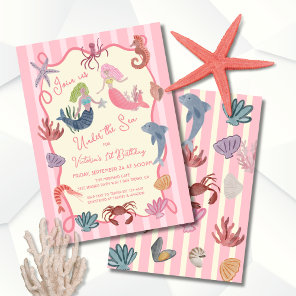 Mermaid Birthday under the sea coastal hand drawn Invitation