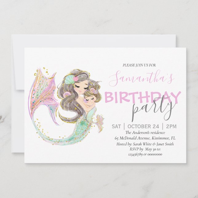 MERMAID BIRTHDAY UNDER THE SEA PINK ANNOUNCEMENT (Front)