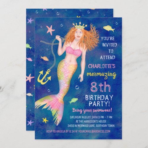 Mermaid Birthday Under the Sea Redhead Pool Party Invitation