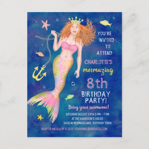 Mermaid Birthday Under the Sea Redhead Pool Party Invitation Postcard