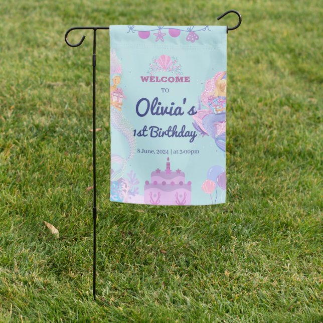 Mermaid Birthday Welcome Weatherproof Garden Flag (In SItu)