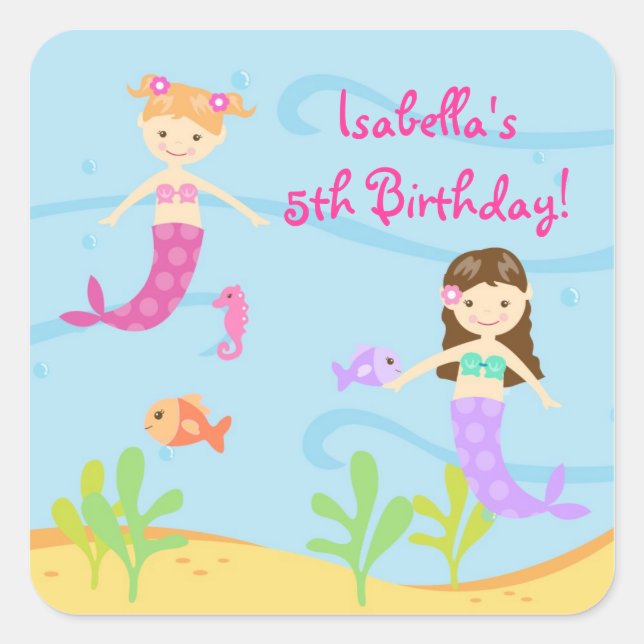 Mermaid Birthtday Party Favor Stickers Labels Kids (Front)