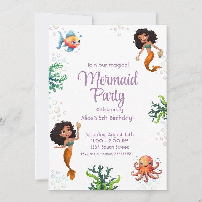 Mermaid Black Birthday Invitation Party (Front)