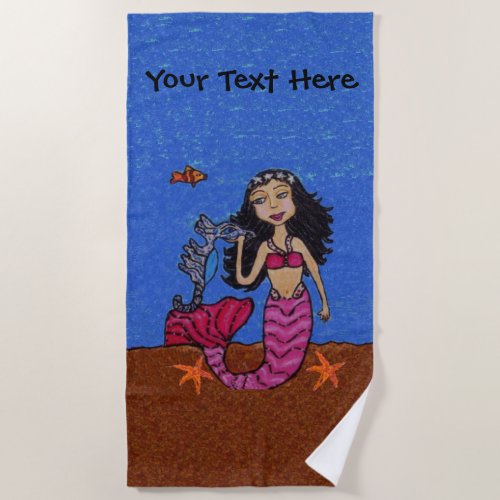 Mermaid Black Hair Pink Tail Seahorse Starfish Beach Towel