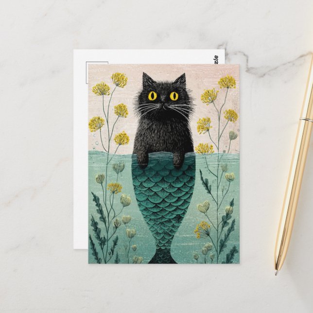 Mermaid Black Kitty Postcard (Front/Back In Situ)
