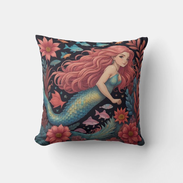 Mermaid Black Ocean Throw Pillow (Front)