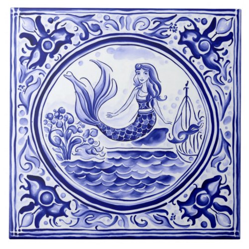 Mermaid Blue and White Mediterranean Folk Art Ceramic Tile