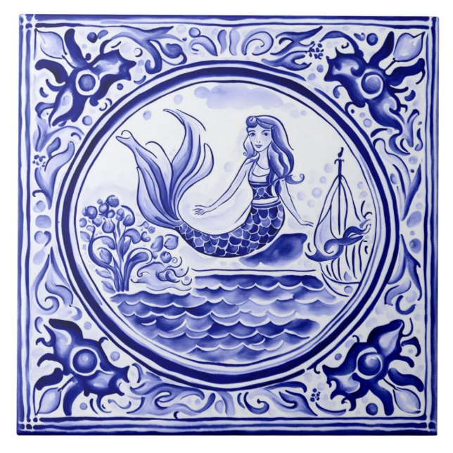Mermaid Blue and White Mediterranean Folk Art Ceramic Tile (Front)