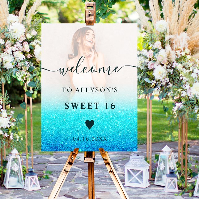 Mermaid blue glitter ombre photo Sweet 16 welcome Foam Board (Creator Uploaded)