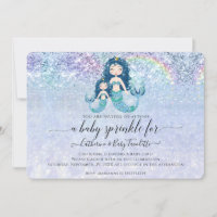 Mermaid Blue Glitter Rainbow Baby Girl Sprinkle Invitation