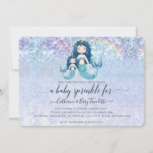 Mermaid Blue Glitter Rainbow Baby Girl Sprinkle Invitation