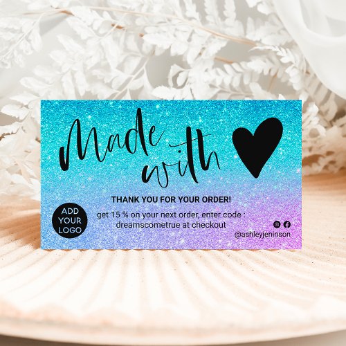 Mermaid blue glitter thank you made with love business card