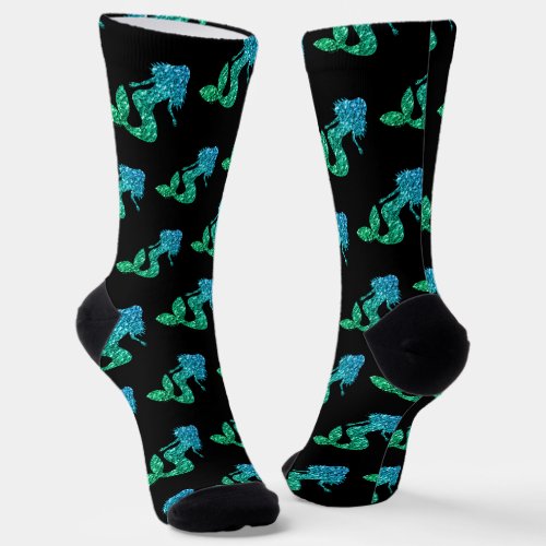 Mermaid blue green ombre Sparkles pattern black Socks