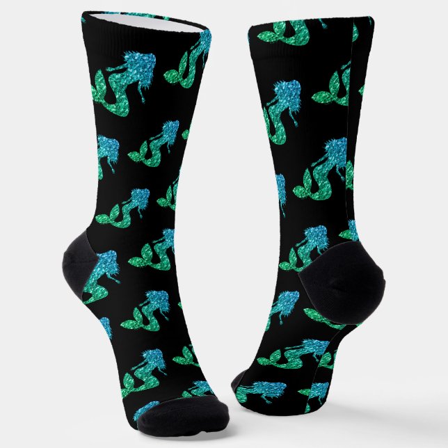 Mermaid blue green ombre Sparkles pattern black Socks (Angled)