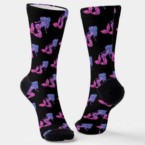 Mermaid blue pink ombre Sparkles pattern black Socks