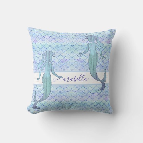 Mermaid Blue Purple Watercolor Fish Scale Name Throw Pillow