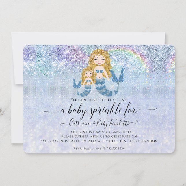 Mermaid Blue Rainbow Blond Baby Girl Sprinkle Invitation (Front)