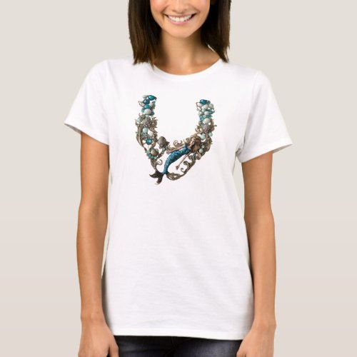 Mermaid Blue Rhinestones Pearl Necklace T_shirt