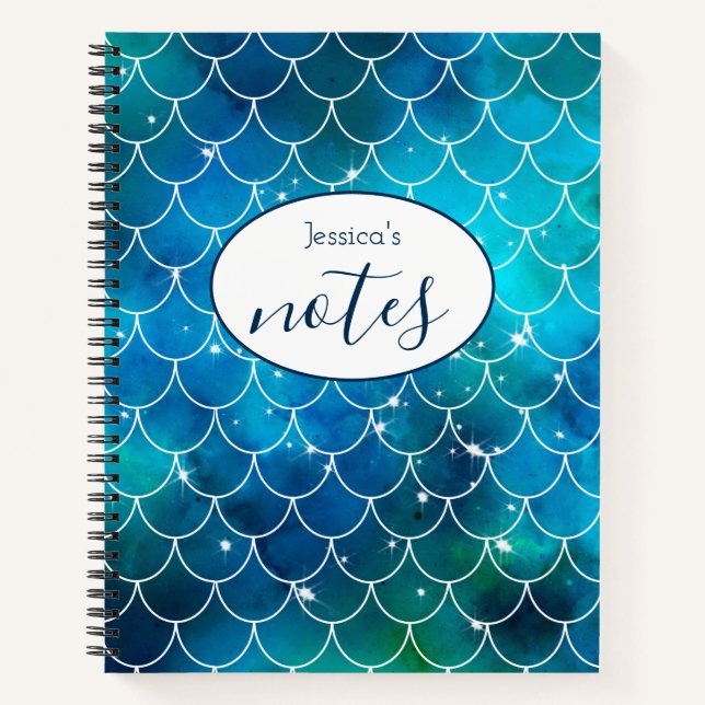 Mermaid Blue Scales Custom Name Notebook (Front)