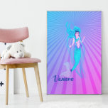 Mermaid Blue Sun Ray Tail Girly Bedroom Faux Canvas Print<br><div class="desc">A mermaid with flowing blue hair and a blue tail on a Sun Ray  background.
Change the name for your own personal mermaid  or delete the name altogether.</div>