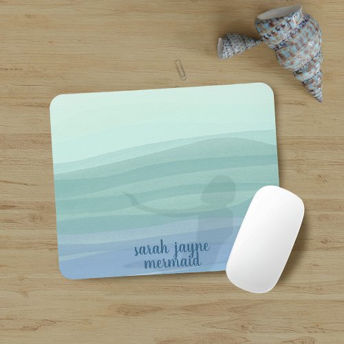 Mermaid Blue Watercolor Waves Custom Mouse Pad
