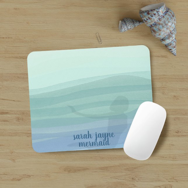 Mermaid Blue Watercolor Waves Custom Mouse Pad (Add your name to this cute mermaid themed mouse mat)