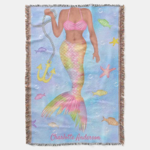 Mermaid Body Underwater Fish Dark Skin Custom Name Throw Blanket