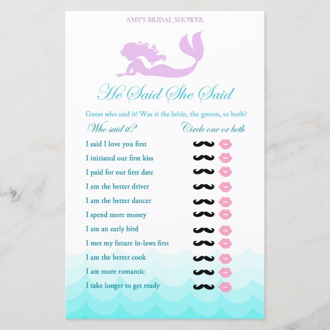 Mermaid Bridal Shower Game - He Said She Said (Front)