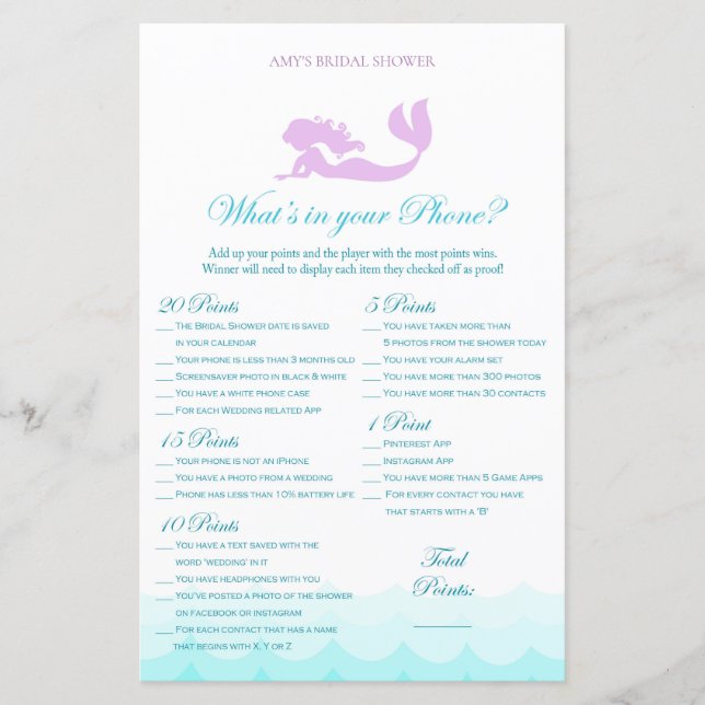 Mermaid Bridal Shower Game - What's in your Phone (Front)