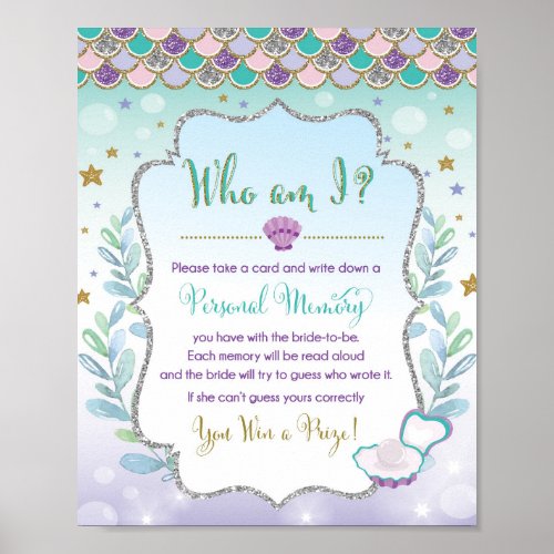 Mermaid Bridal Shower Game Who am I Memory Game Poster