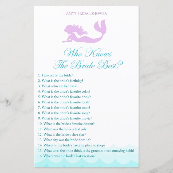 Mermaid Bridal Shower Game - Who knows Bride Best | Zazzle