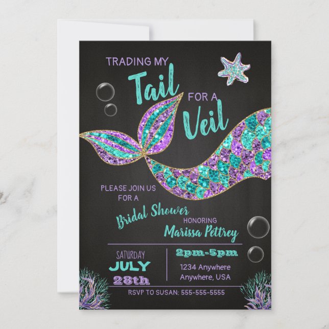 Mermaid  Bridal Shower invitation, glitter chalk Invitation (Front)
